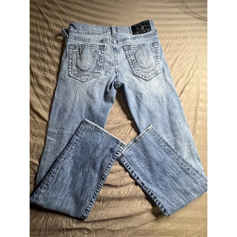 True Religion World Tour Straight Leg Light Wash Blue‎ Denim Jeans Mens 33x32